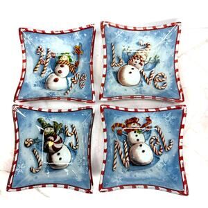 Set of 4 Prima Design Christmas Snowmen Snack Bowls 4 Designs 5"x5" Square